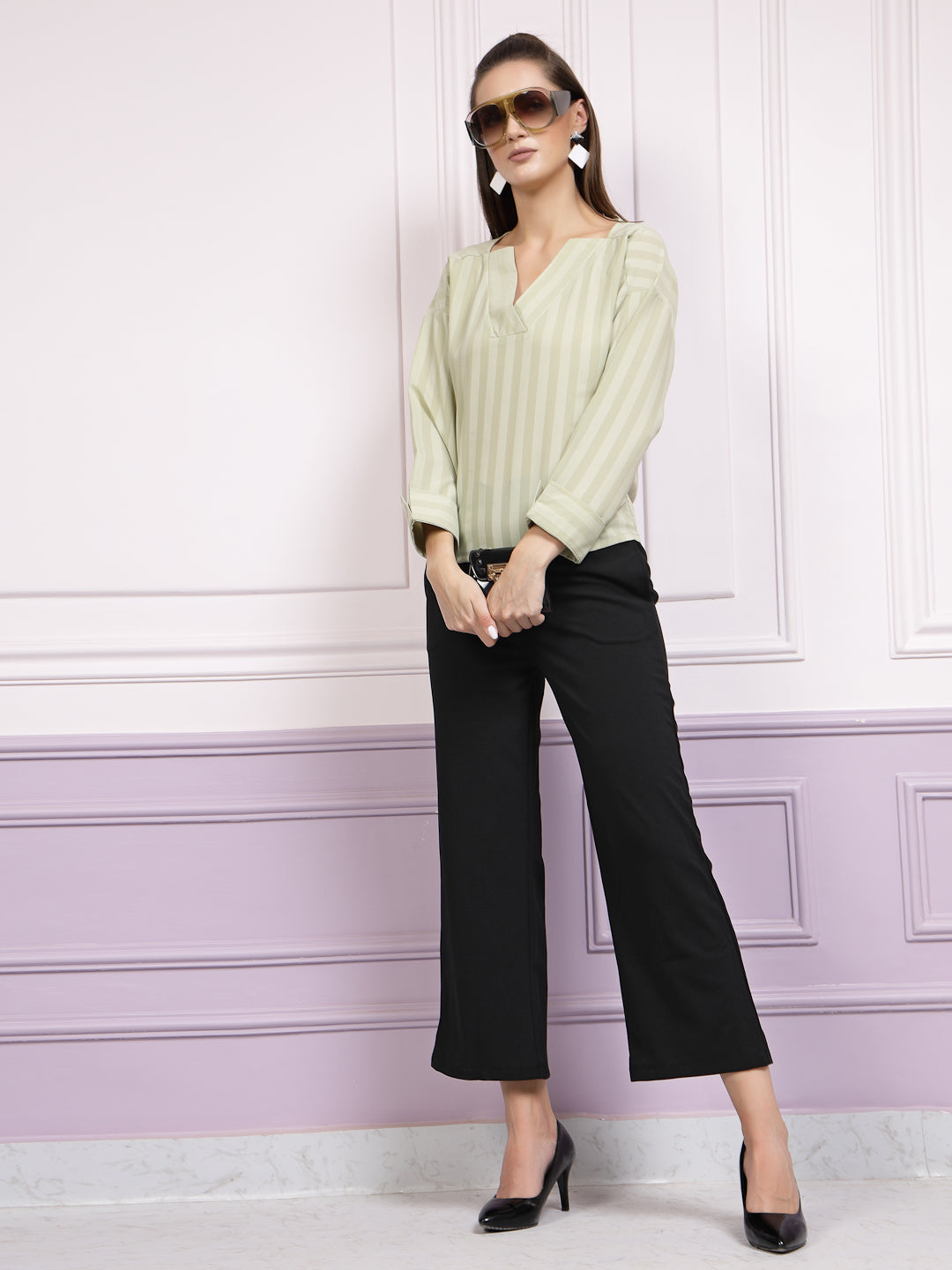 athena green striped notched neck top