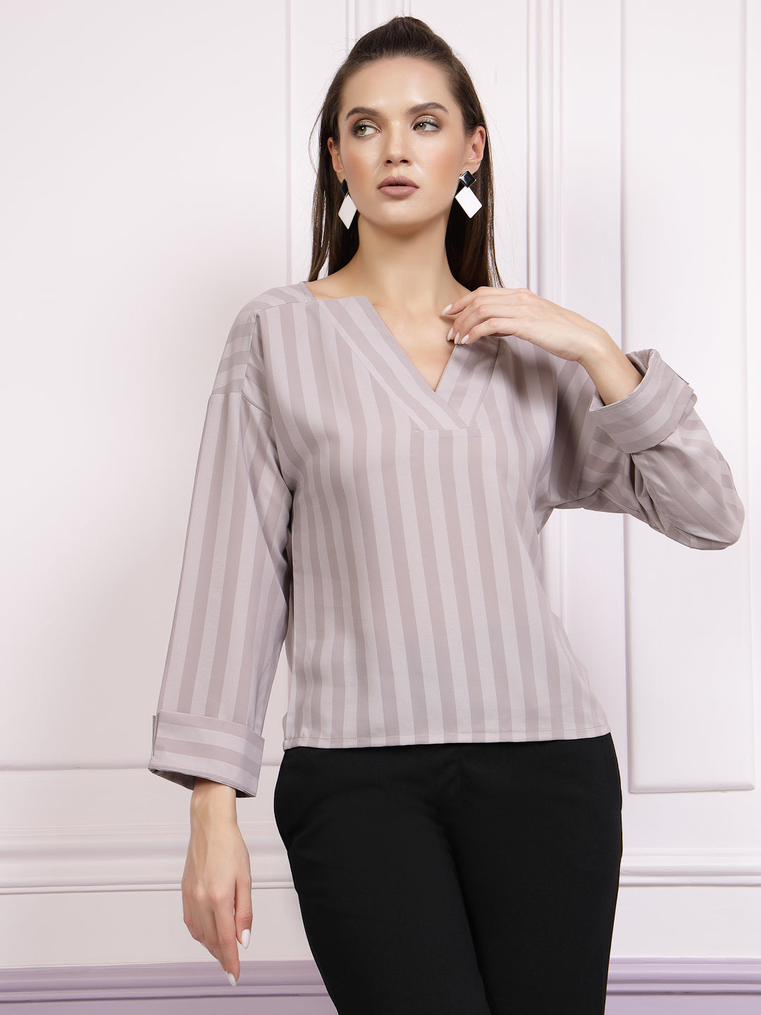 athena vertical stripes v neck cuffed sleeves regular top