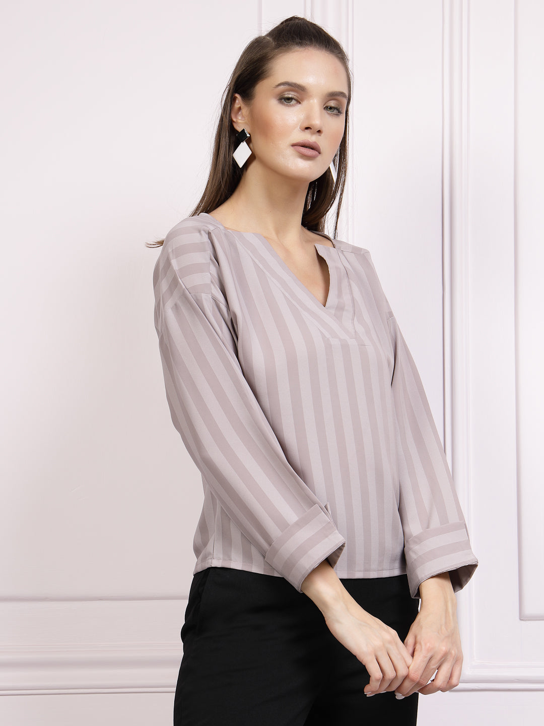 athena vertical stripes v neck cuffed sleeves regular top