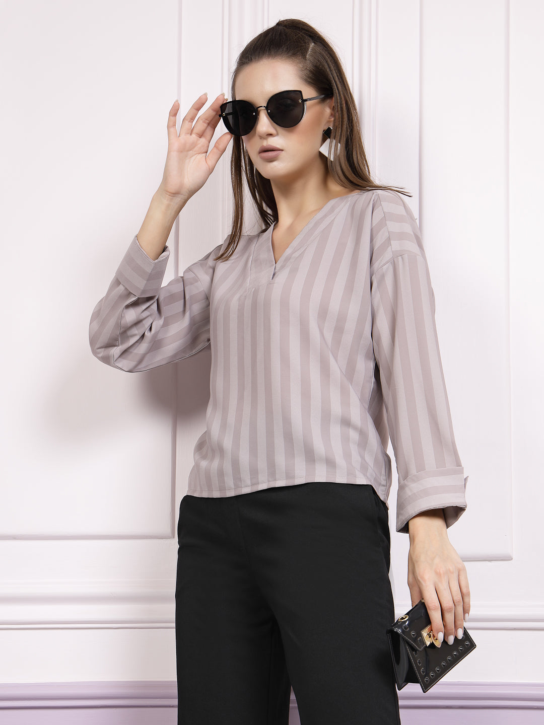athena vertical stripes v neck cuffed sleeves regular top