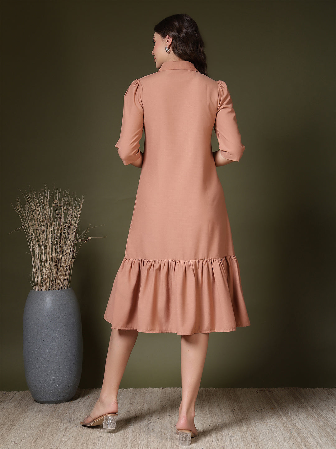 women solid collared midi shirt dress with button down front and ruffle hem