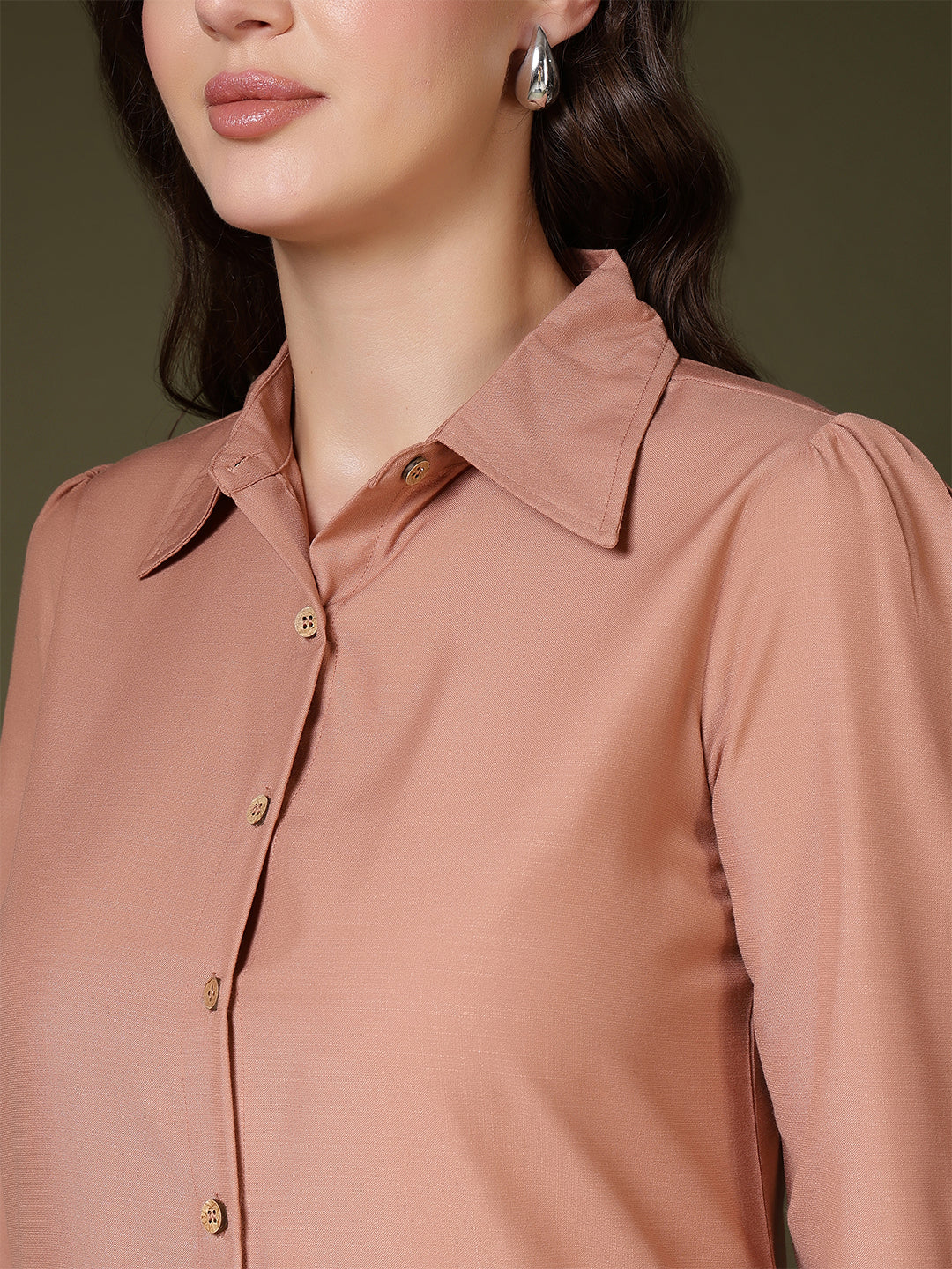 women solid collared midi shirt dress with button down front and ruffle hem