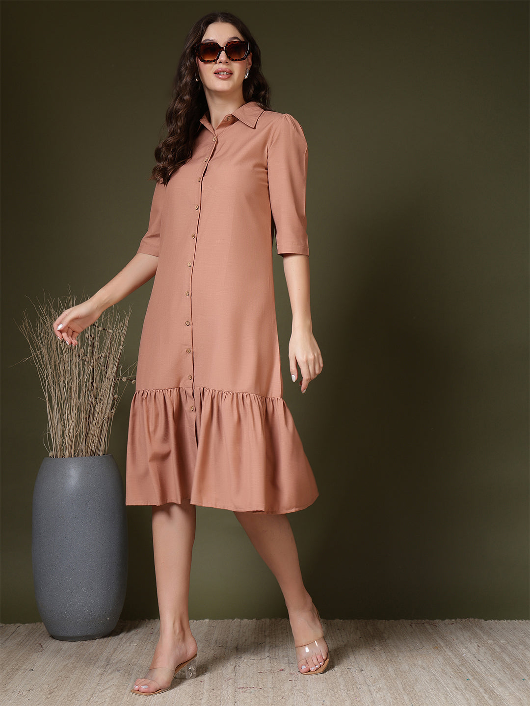 women solid collared midi shirt dress with button down front and ruffle hem