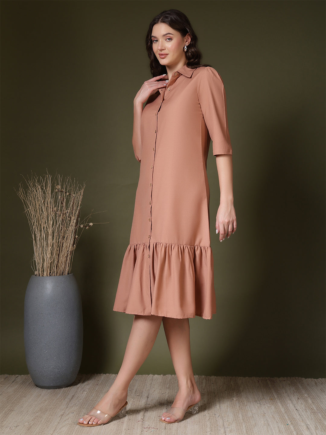 women solid collared midi shirt dress with button down front and ruffle hem