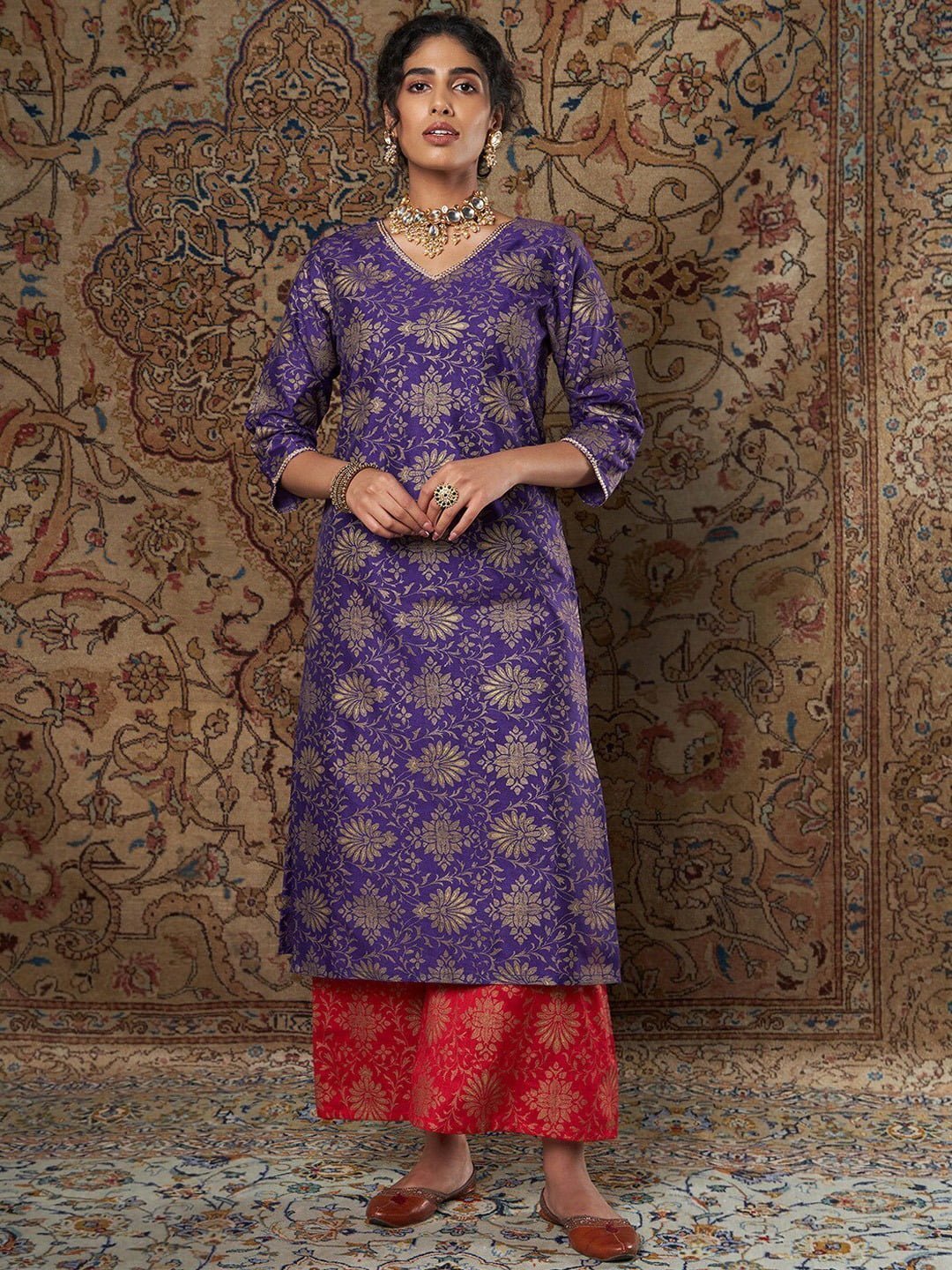 Shae by SASSAFRAS - Women Purple Ethnic Motifs Yoke Design Thread Work Kurta with Palazzos