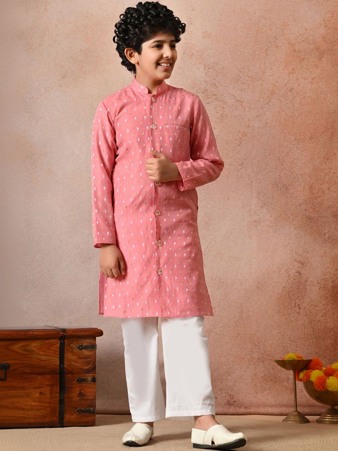 Indi Loom Couture Boys Peach Chanderi Booti Blazer Kurta with Pyjama Set ILBKS36