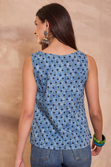 blue cotton blend floral printed top