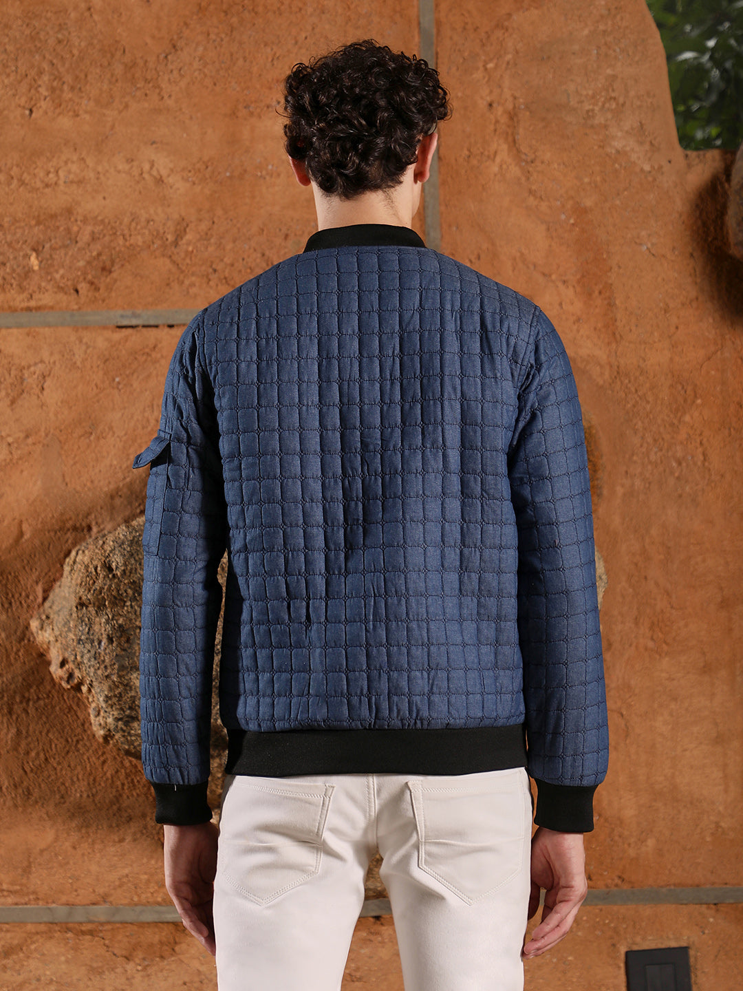 Mens Indigo Blue Cubic Quilted Bomber Jacket
