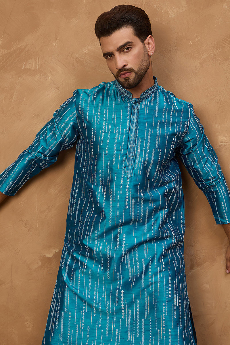 blue silk blend geometric printed straight kurta