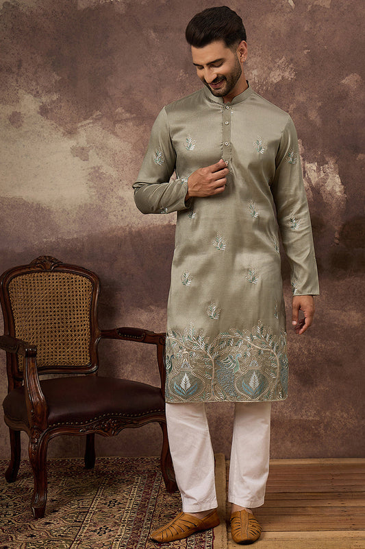 green silk blend solid embroidered straight kurta with trouser