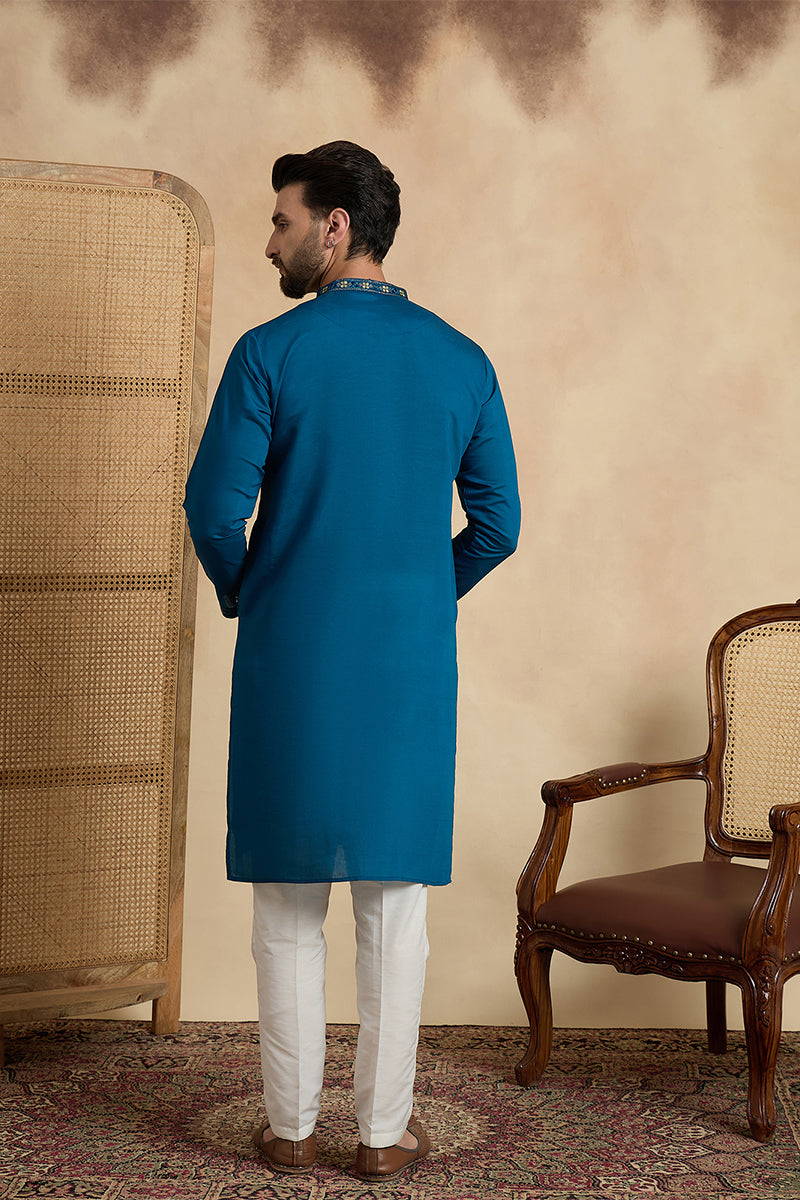 Mens Teal Silk Blend Solid Embroidered Thread Work Kurta MKU2443