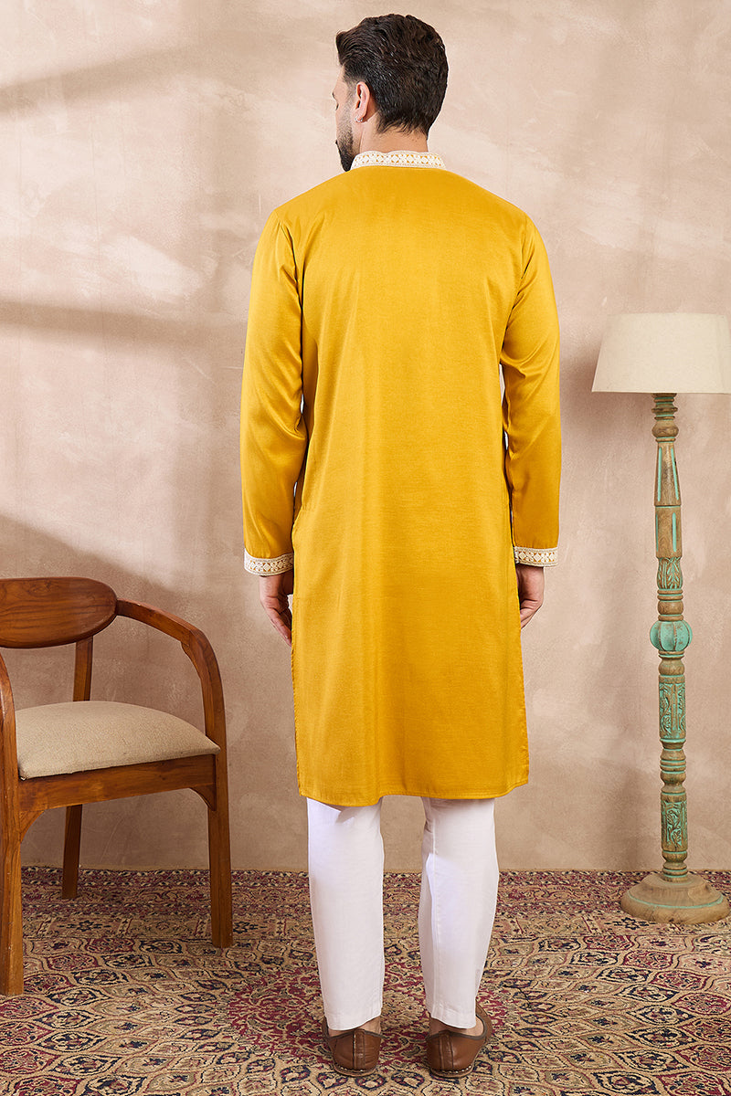 Yellow Silk Blend Ethnic Motifs Embroidered Straight Kurta With Trouser MKSET1790