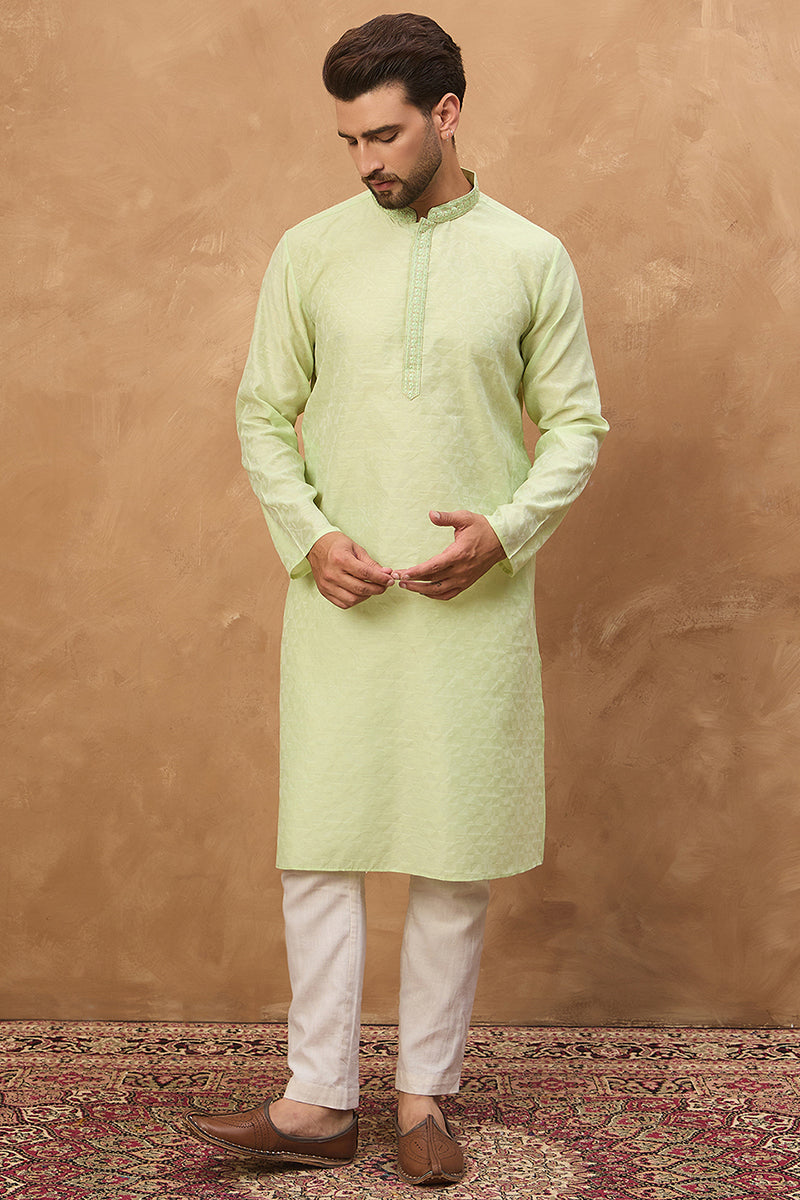 Green Silk Blend Solid Embroidered Straight Kurta MKU1451