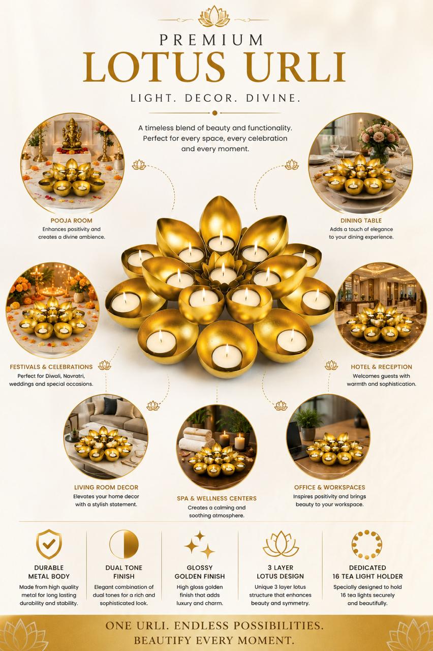 golden metal urli cum tealight holder set decorative diya flower urli for festive home decor