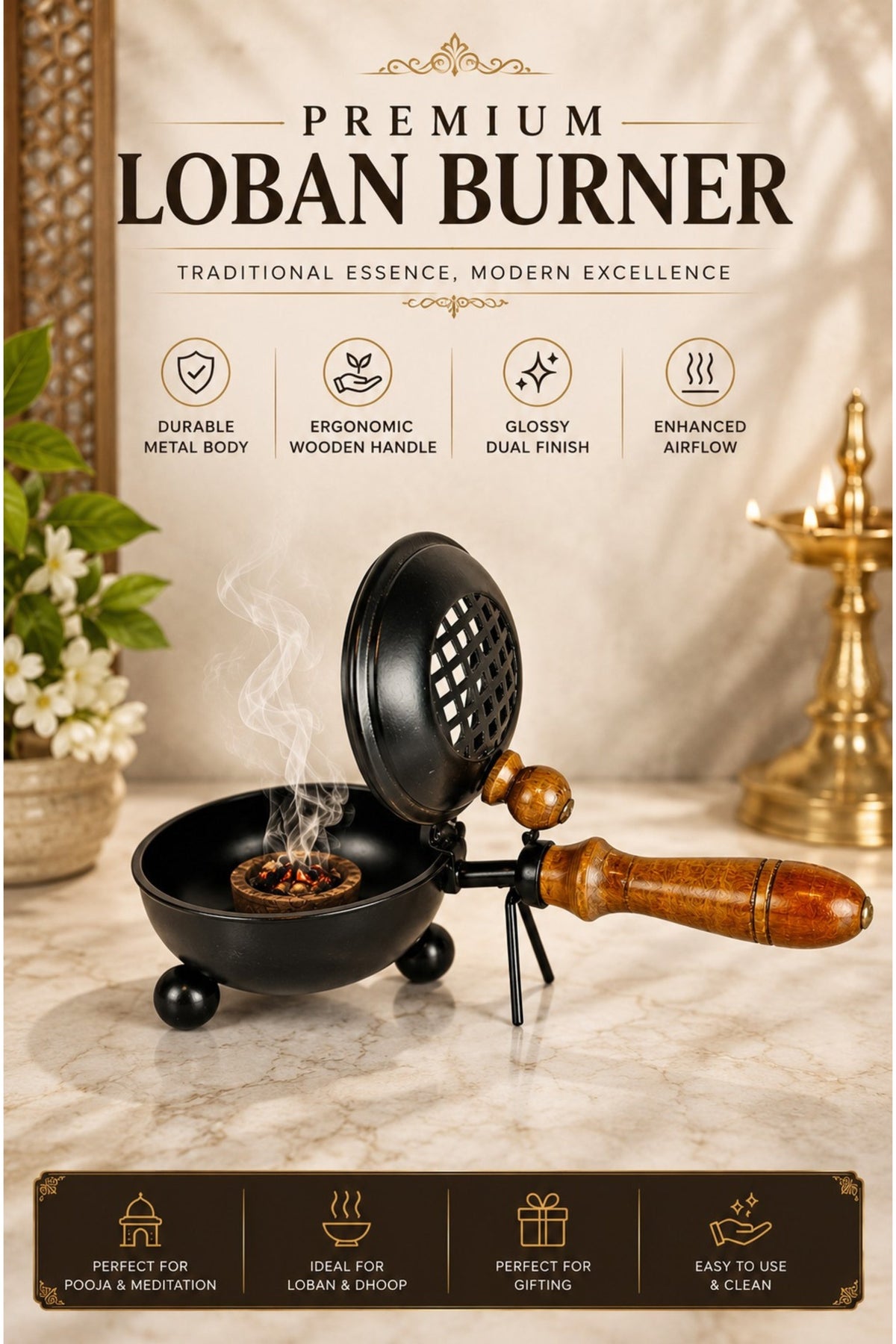 brass finish metal dhoop dani with wooden handle lid for pooja loban sambrani burning covered incense burner for home temple havan vastu premium festive gift item copy