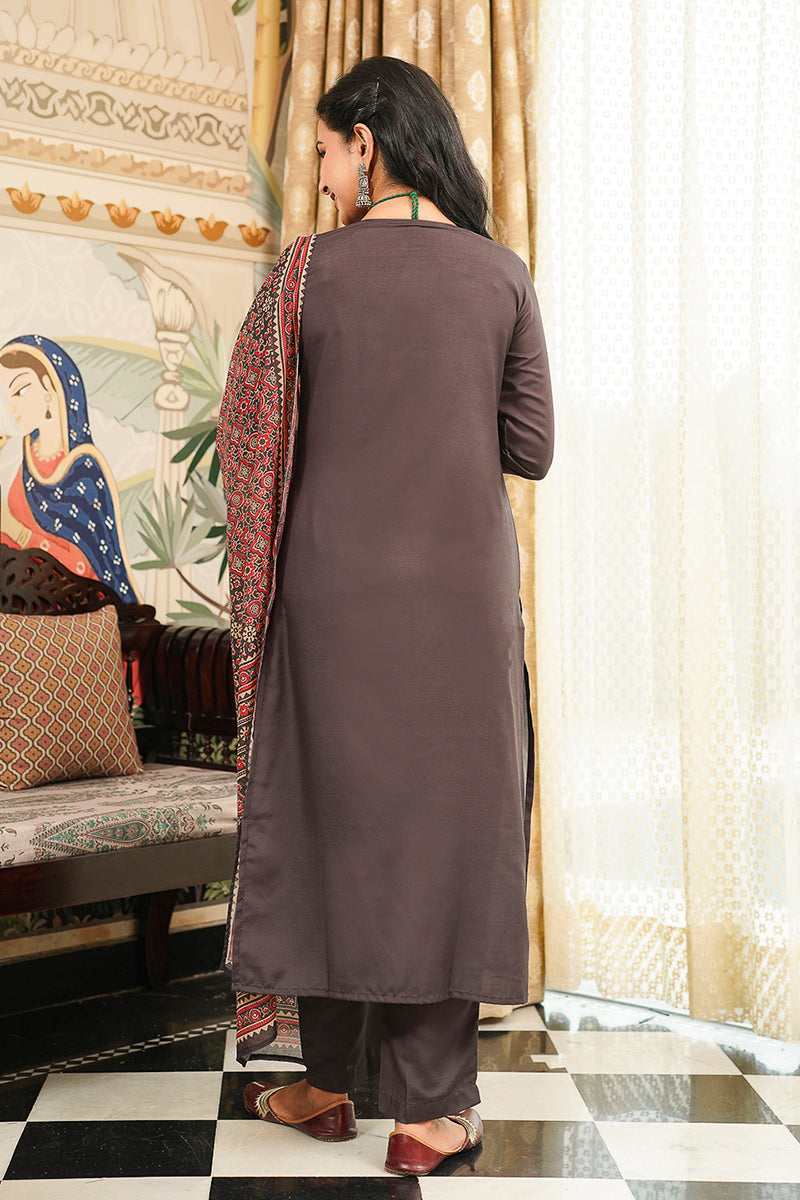 black rayon blend ajrakh printed straight kurta trousers with dupatta 