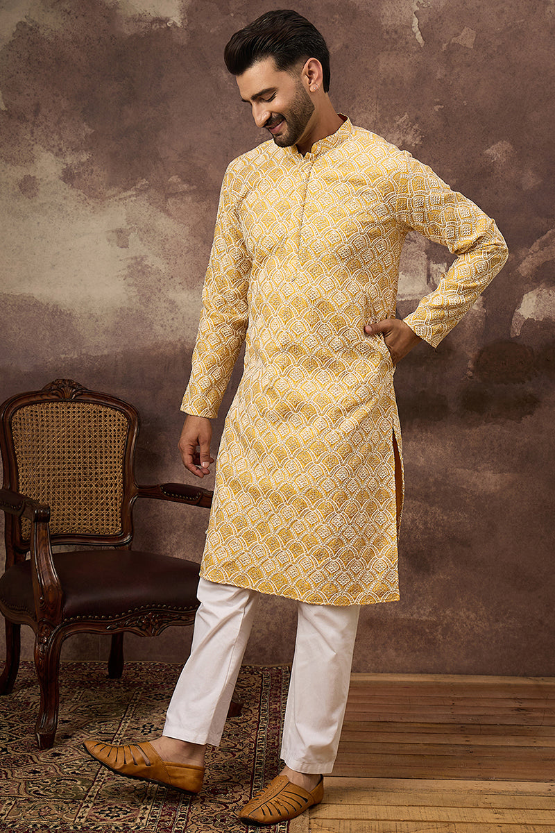 yellow viscose rayon solid embroidered straight kurta with trouser