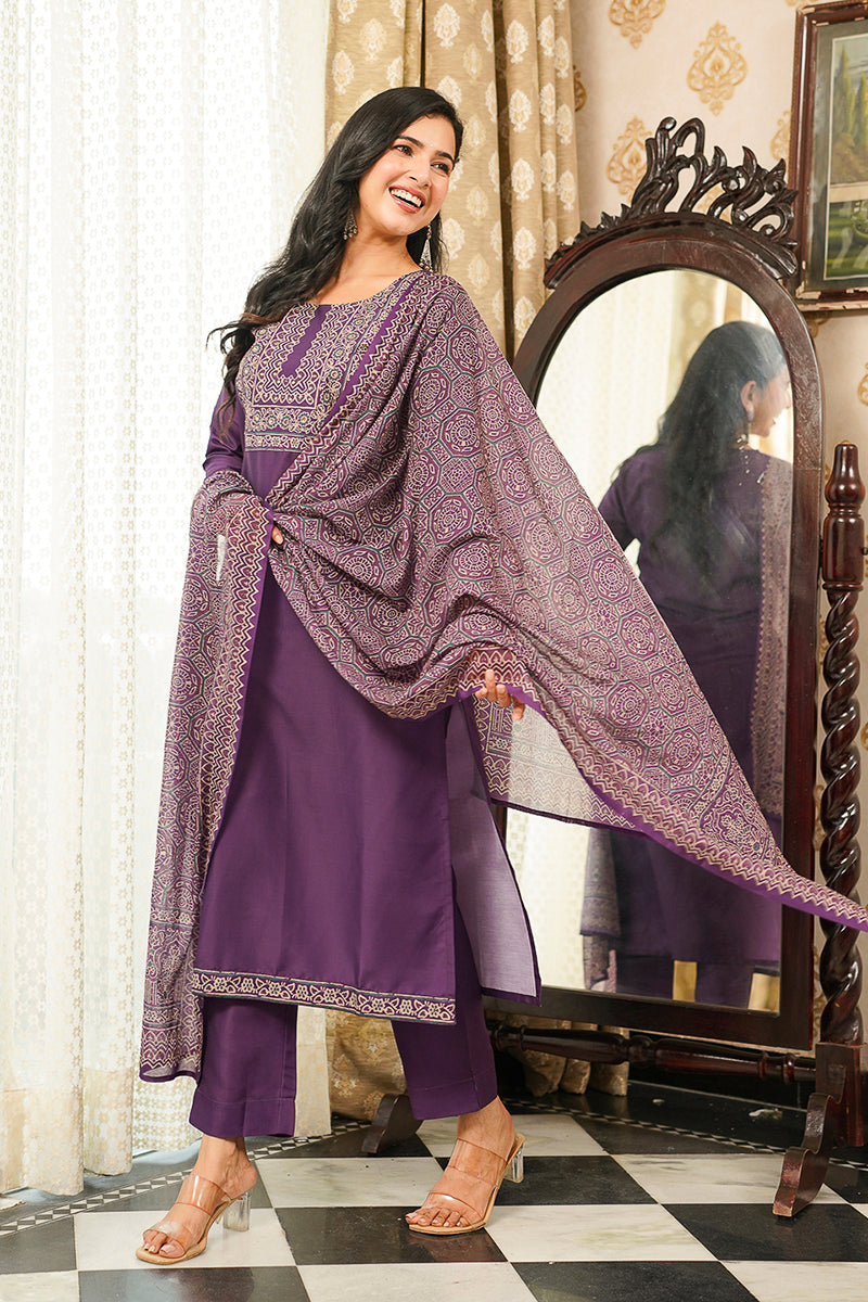 purple rayon blend ajrakh printed straight kurta trousers with dupatta 