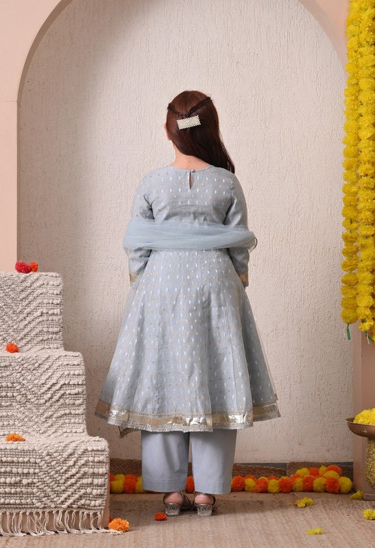 Indi Loom Couture Girls Blue Embellished Anarkali Kurta with Solid Pants & Dupatta Set ILKSD44