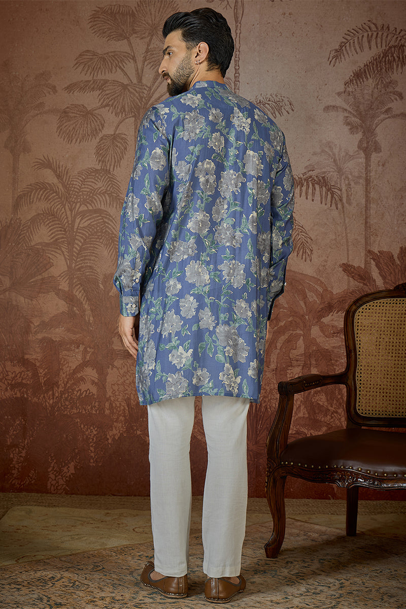 Mens Blue Silk Blend Floral Printed Kurta With Trouser MKSET2567