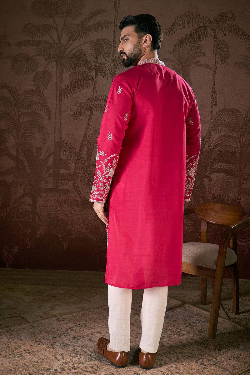 Pink Silk Blend Solid Embroidered Straight Kurta With Trouser