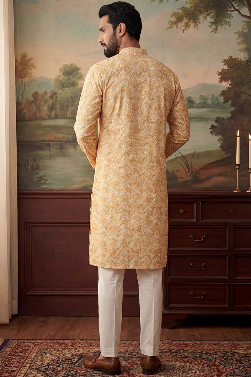 Yellow  Linen Printed Straight Kurta With Trousers