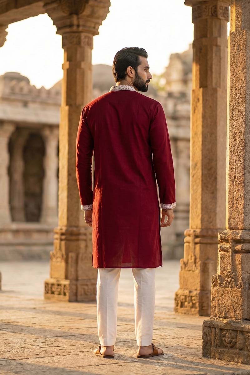 Maroon Silk Blend Embroidered Straight Kurta With Trousers MKSET2048