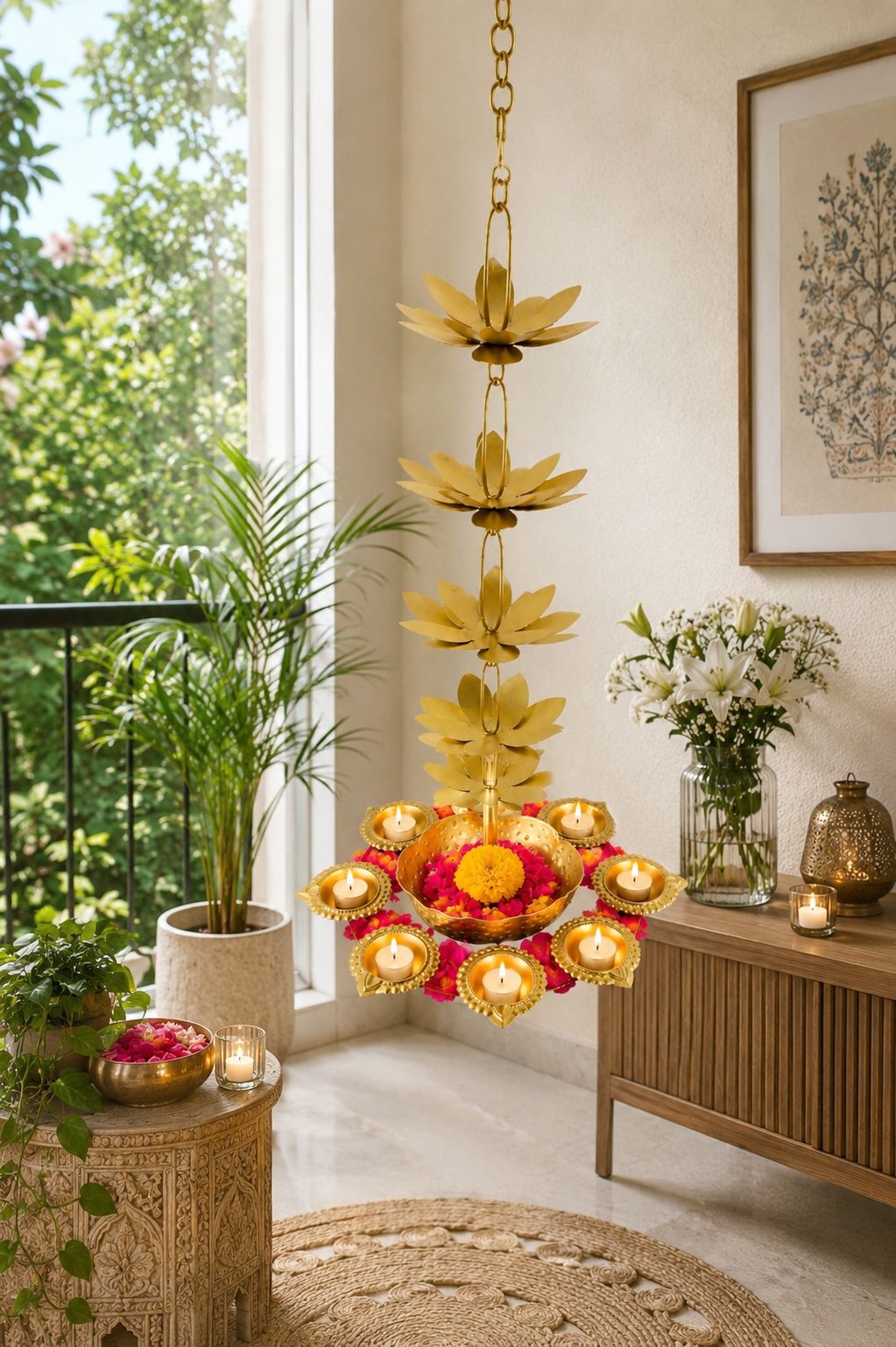 premium hanging lotus urli with 9 diya holders decorative metal hanging urli for floating flowers candles water decor traditional hanging diya urli for diwali pooja wedding home decoration