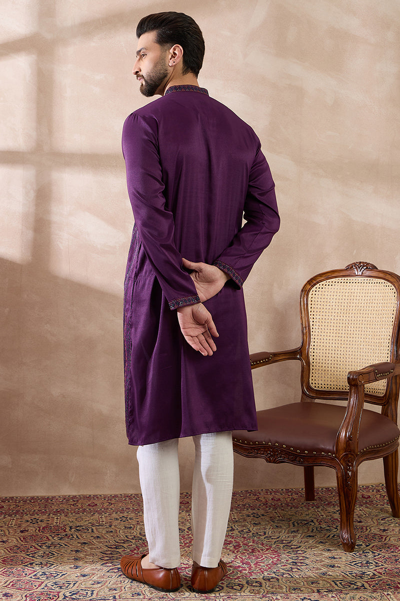 Purple Silk Blend Embroidered Mandarin Collar Straight Kurta With Trouser