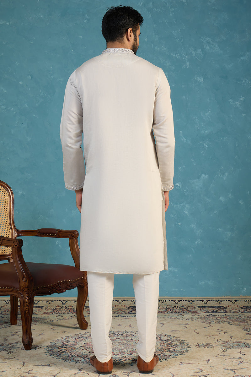 Mens Grey Silk Blend Solid Emboidered Sequins Kurta With Trouser MKSET2280