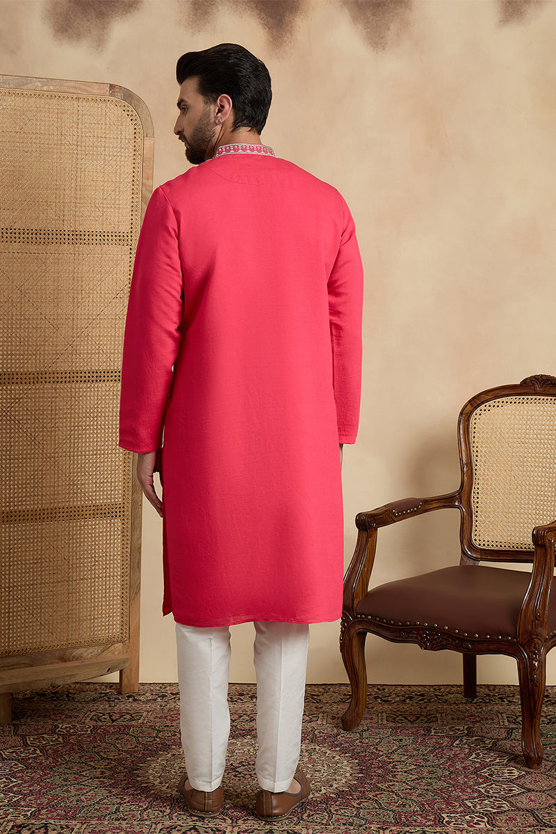 Mens Pink Viscose Rayon Solid Embroidered Thread Work Kurta MKU2459