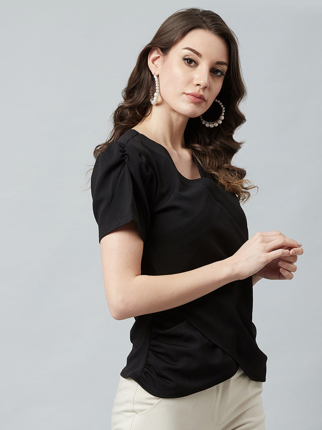 athena black wrap top with puffed sleeves