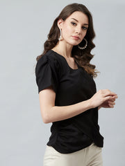 athena black wrap top with puffed sleeves