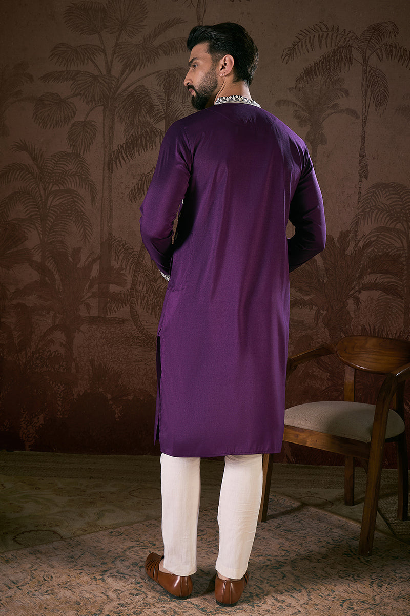 Purple Silk Blend Solid Embroidered Straight Kurta MKU1797