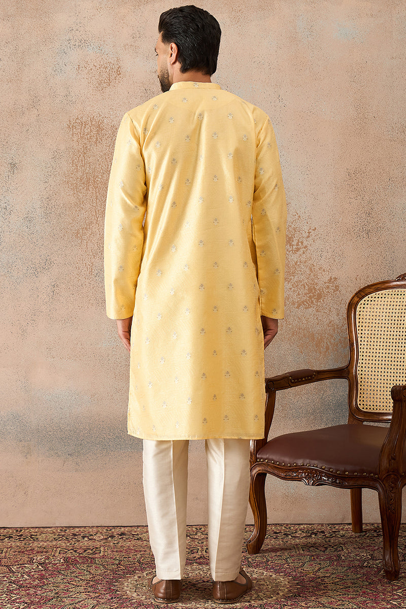 Mens Yellow Silk Blend Floral Straight Kurta MKU2216