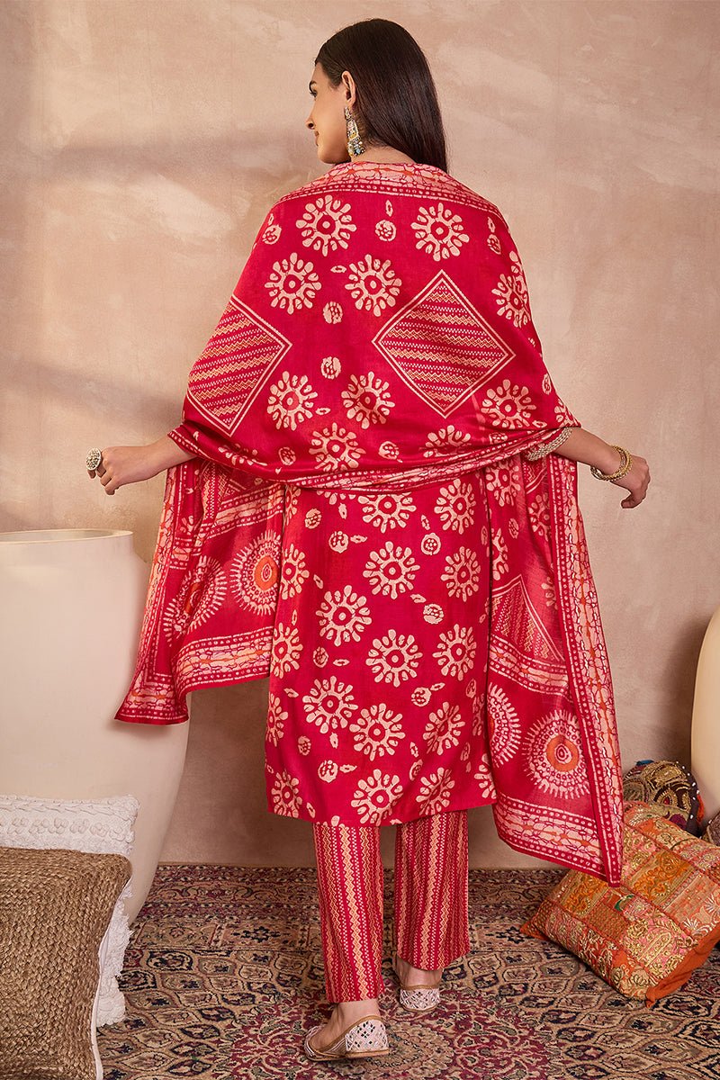 pink rayon blend floral printed straight kurta trouser with dupatta 