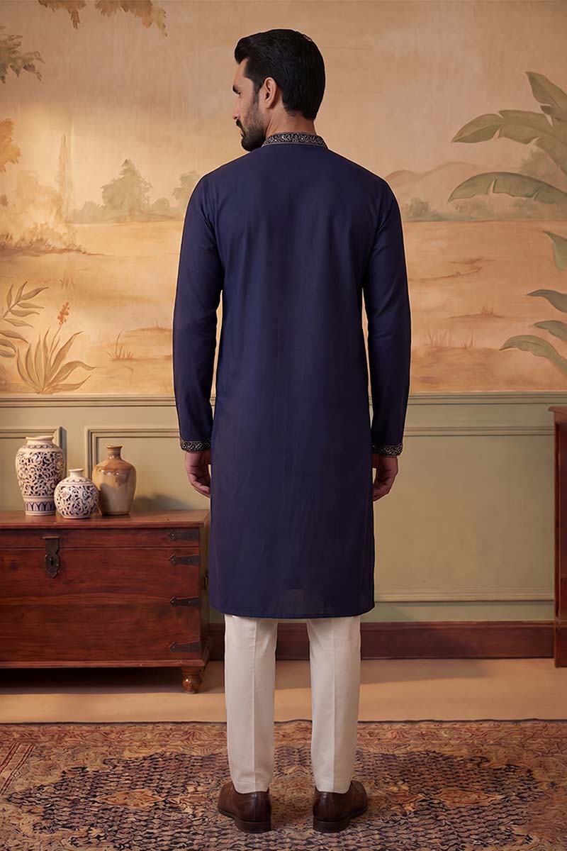 Mens Blue Silk Blend Solid Embroidered Kurta