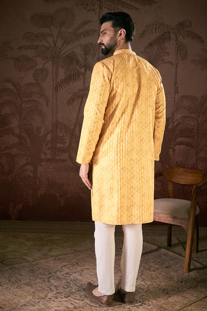 Yellow Silk Blend Ethnic Motifs Printed Straight Kurta With Trouser MKSET1949