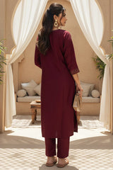 maroon silk blend ethnic motifs stoning straight kurta trouser with dupatta