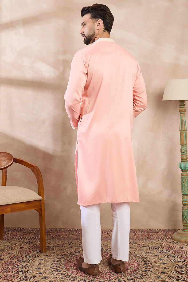 Pink Silk Blend Ethnic Motifs Embroidered Straight Kurta With Trouser MKSET1692