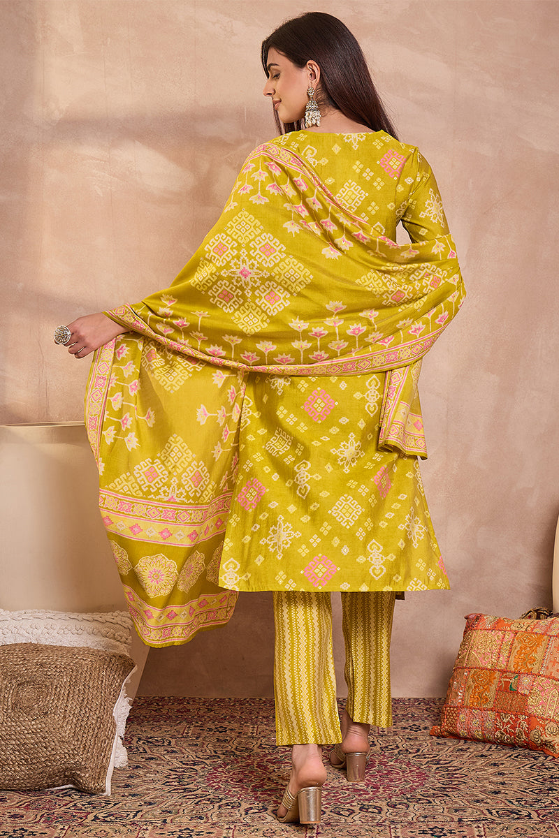 Silk Blend Ethnic Motifs Printed Yellow Kurta And Trousers With Dupatta