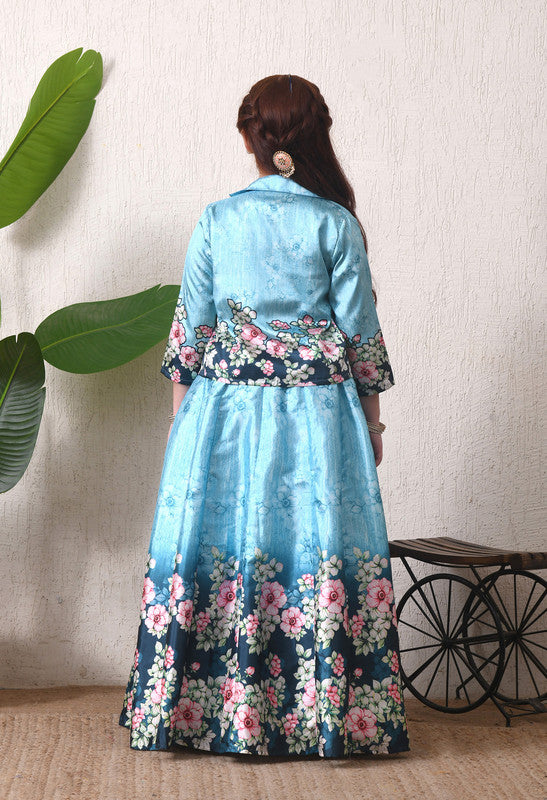 Indi Loom Couture Girls Sky Blue Floral Printed Crop Top with Jacket & Flared Skirt Co Ord Set ILLCJ48