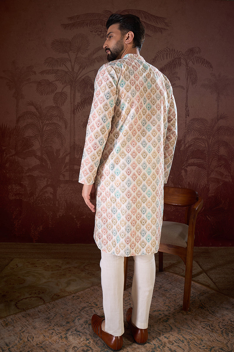 White Silk Blend Ethnic Motifs Printed Straight Kurta