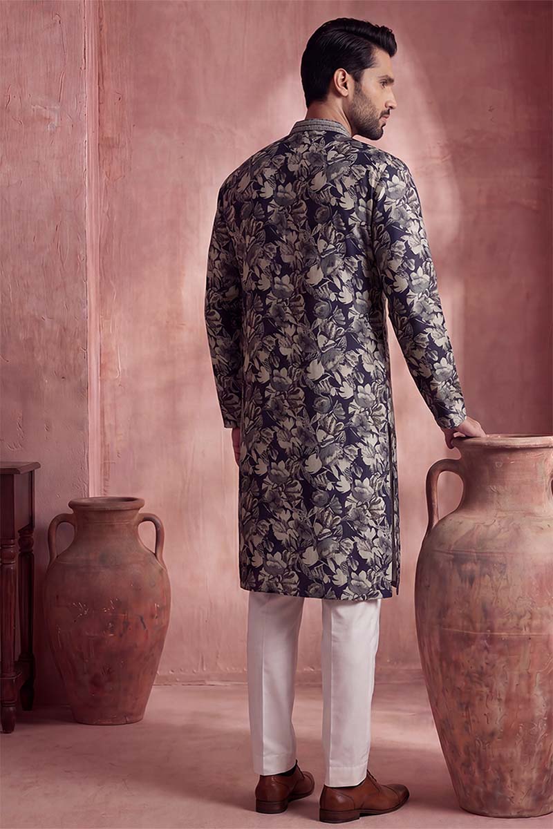 Mens Blue Viscose Rayon Floral Printed Kurta With Trousers
