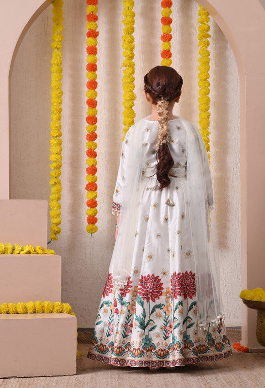 Indi Loom Couture Girls Off White Floral Printed Lehenga Choli with Net Dupatta ILLCD38