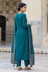 teal blue poly chanderi solid woven design straight trouser suit set
