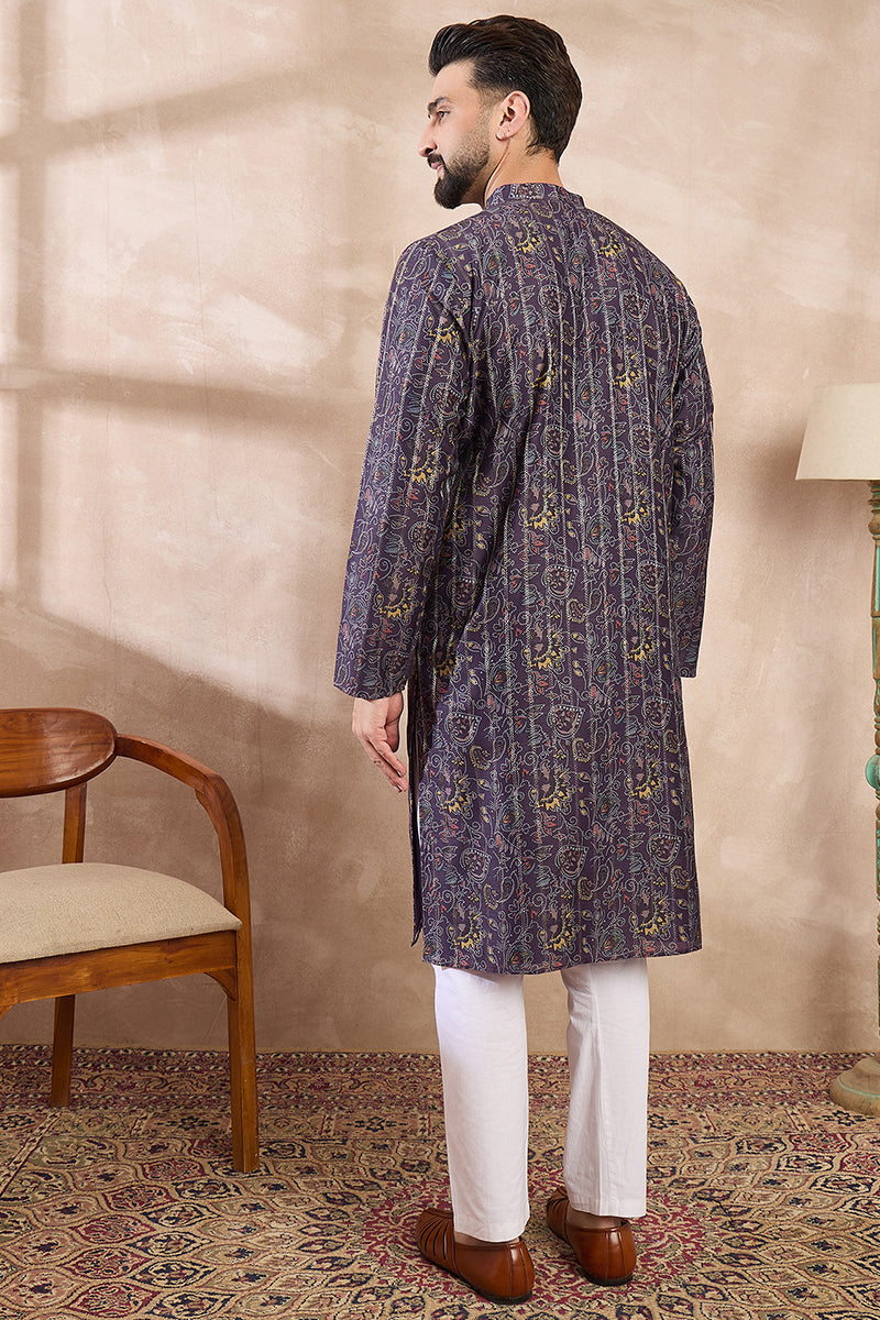 Violet Silk Blend Ethnic Motifs Printed Straight Kurta MKU1954