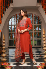brown rayon blend ajrakh printed straight kurta trousers with dupatta 