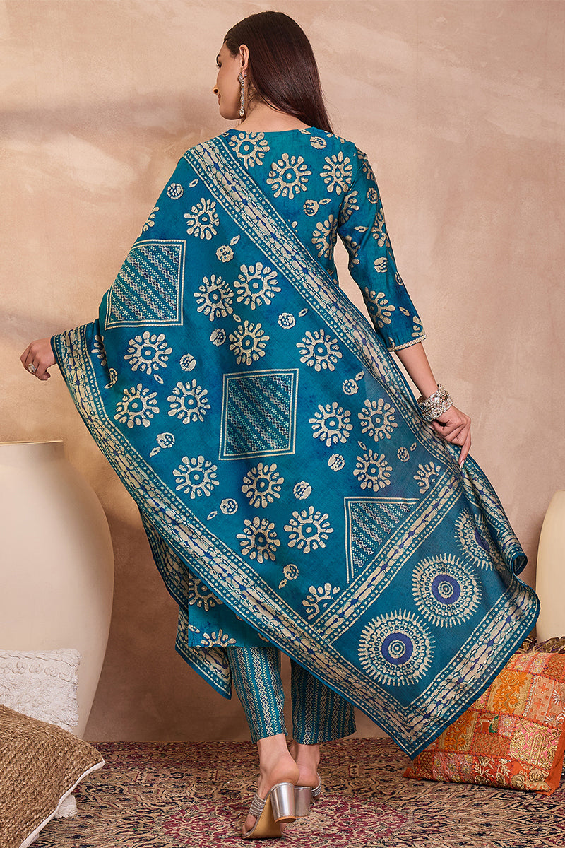 blue cotton blend abstract printed straight kurta trouser with dupatta vkskd3212