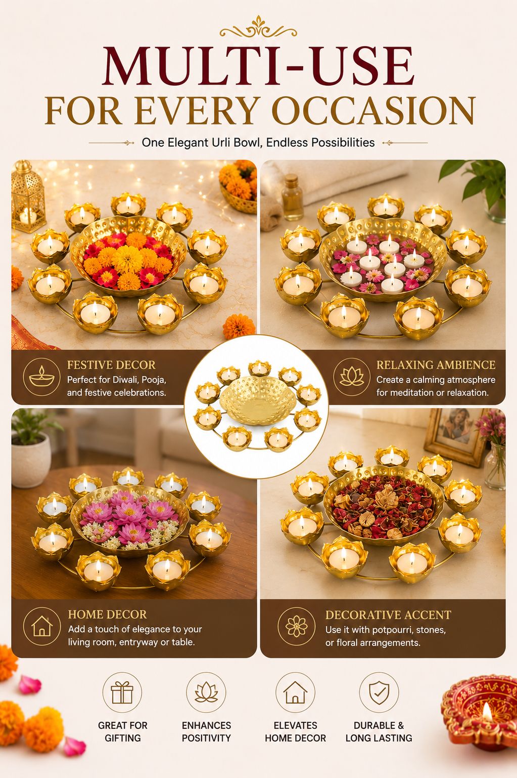 premium lotus urli bowl with 8 tea light holders hammered metal decorative floating flower bowl gold finish centerpiece for diwali pooja weddings festivals home decor gifting